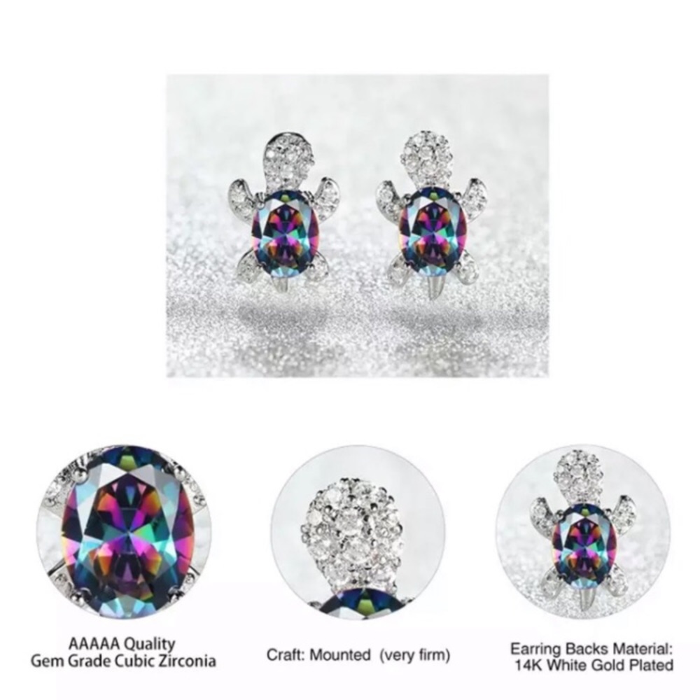 “Just Keep Swimming” Turtle Diamond Gem Earrings - Picture 4 of 11